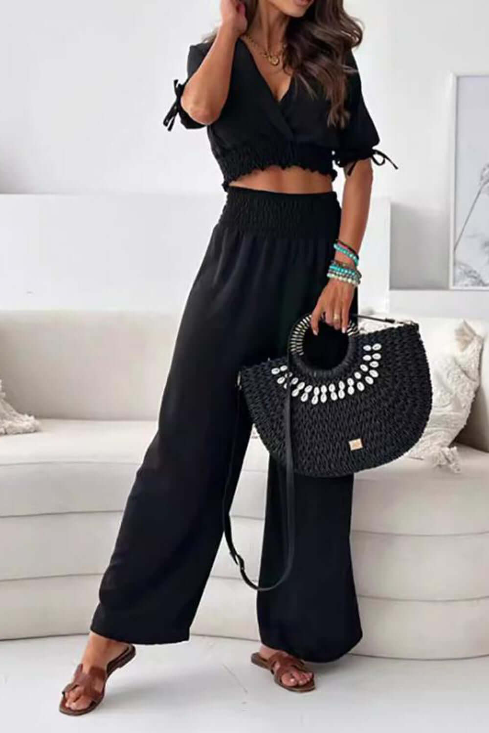 Surplice Short Sleeve Top and Pants Set Matching Sets Luxurious Weddings