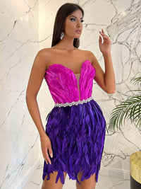 High Waist Feather Crystal Design Mini Dress Feather Dress Luxurious Weddings
