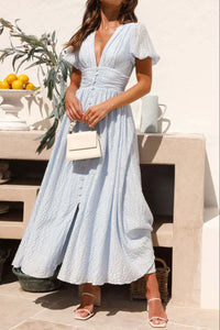 V-Neck Puff Short Sleeve Midi Dress Summer dress Luxurious Weddings