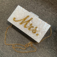 Mrs Letter evening bag in white marble with sequins design and gold chain for luxurious weddings