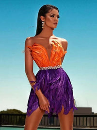 High Waist Feather Crystal Design Mini Dress Feather Dress Luxurious Weddings