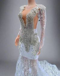 White Sequin Silver Rhinestone Prom Dress