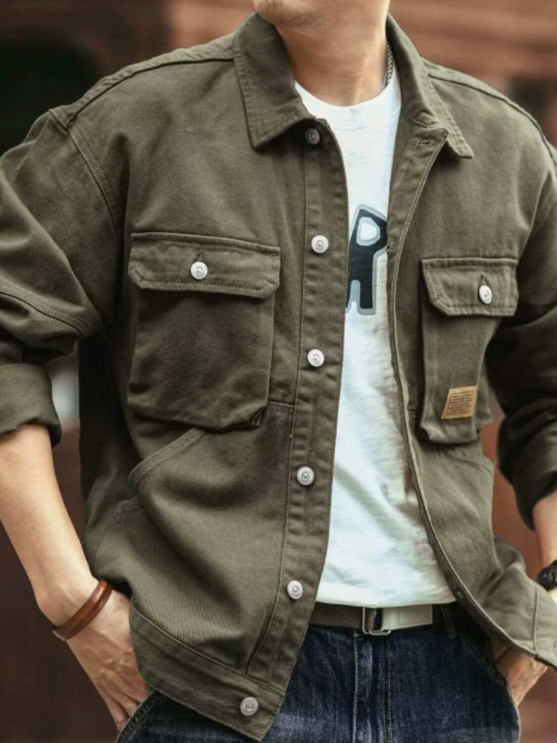 Men's Washed Collared Neck Cargo Jacket Jacket Luxurious Weddings