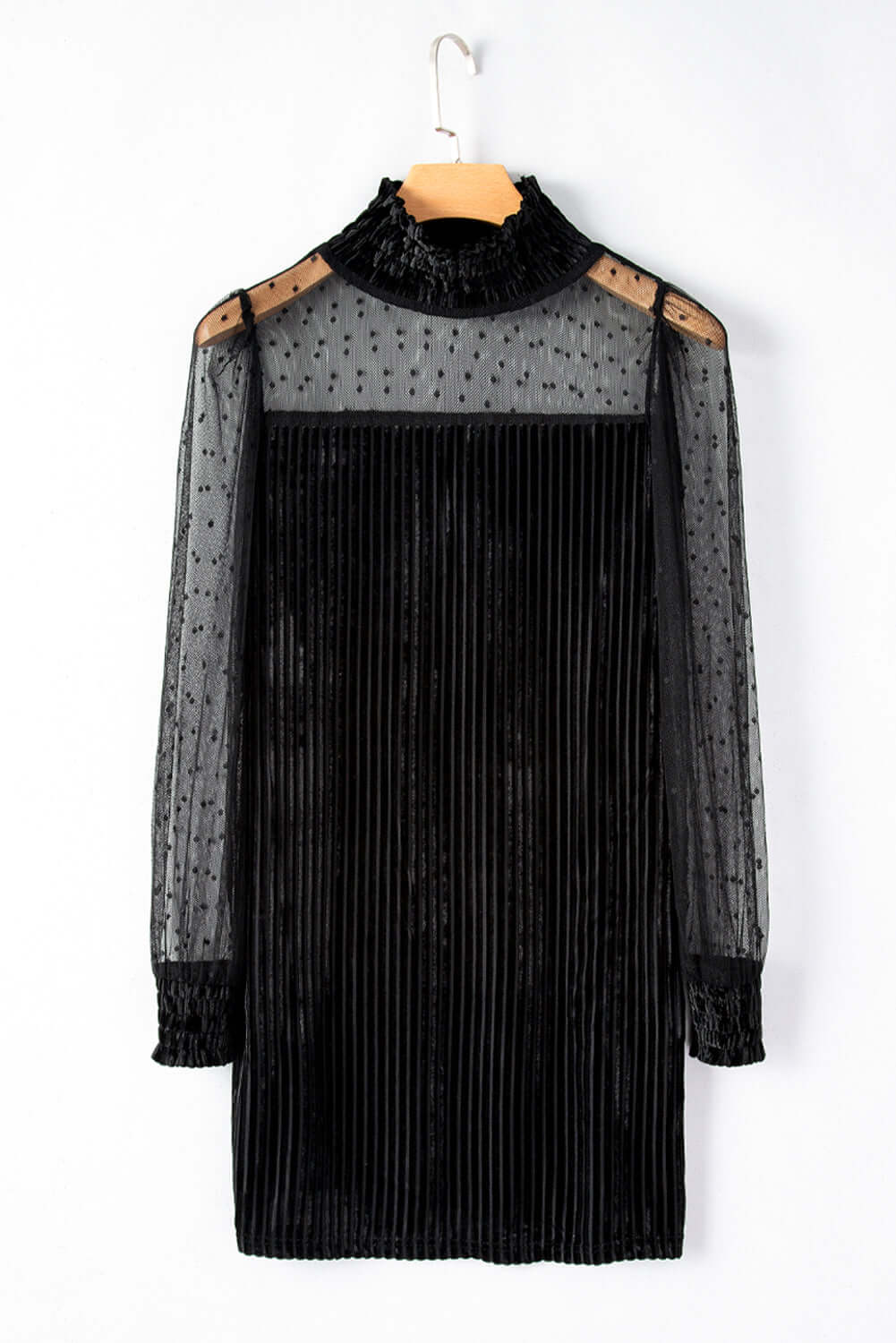 Black Dotted Mesh Striped Frilled Neck Bubble Sleeve Dress Dresses/Bodycon Dresses Luxurious Weddings