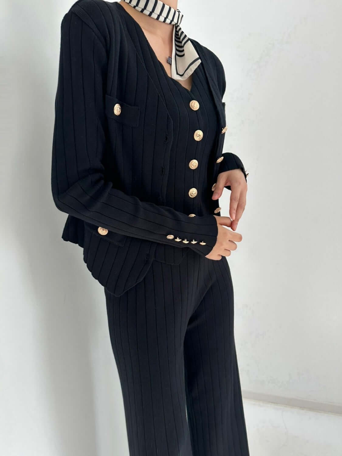 V-Neck Tank, Cardigan and Pants Three-Piece Sweater Set Matching Sets Luxurious Weddings