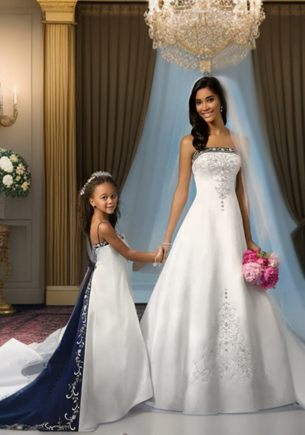 a woman and a little girl standing in front of a chandelier
