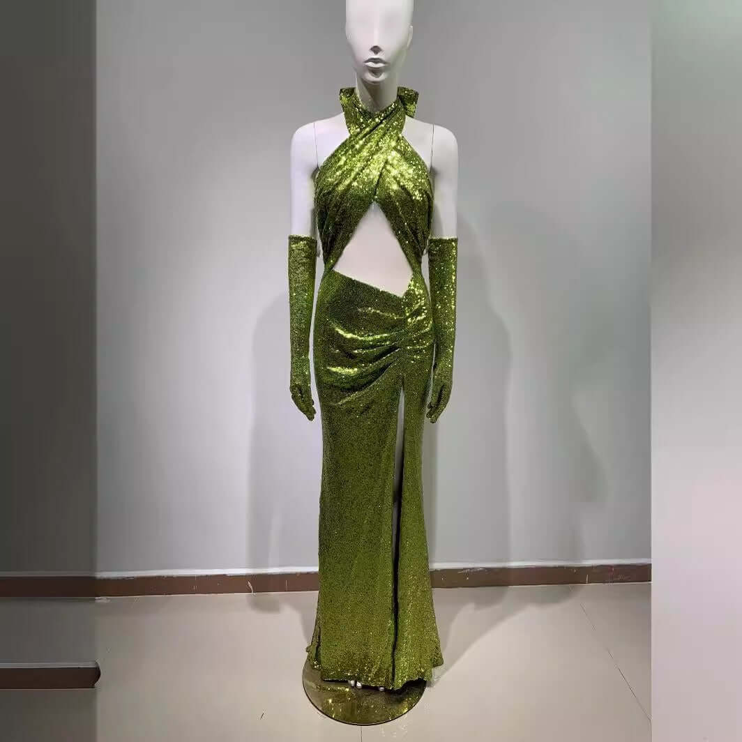 Elegant backless halterneck sexy sequined green bodycon Bodycon dress Luxurious Weddings