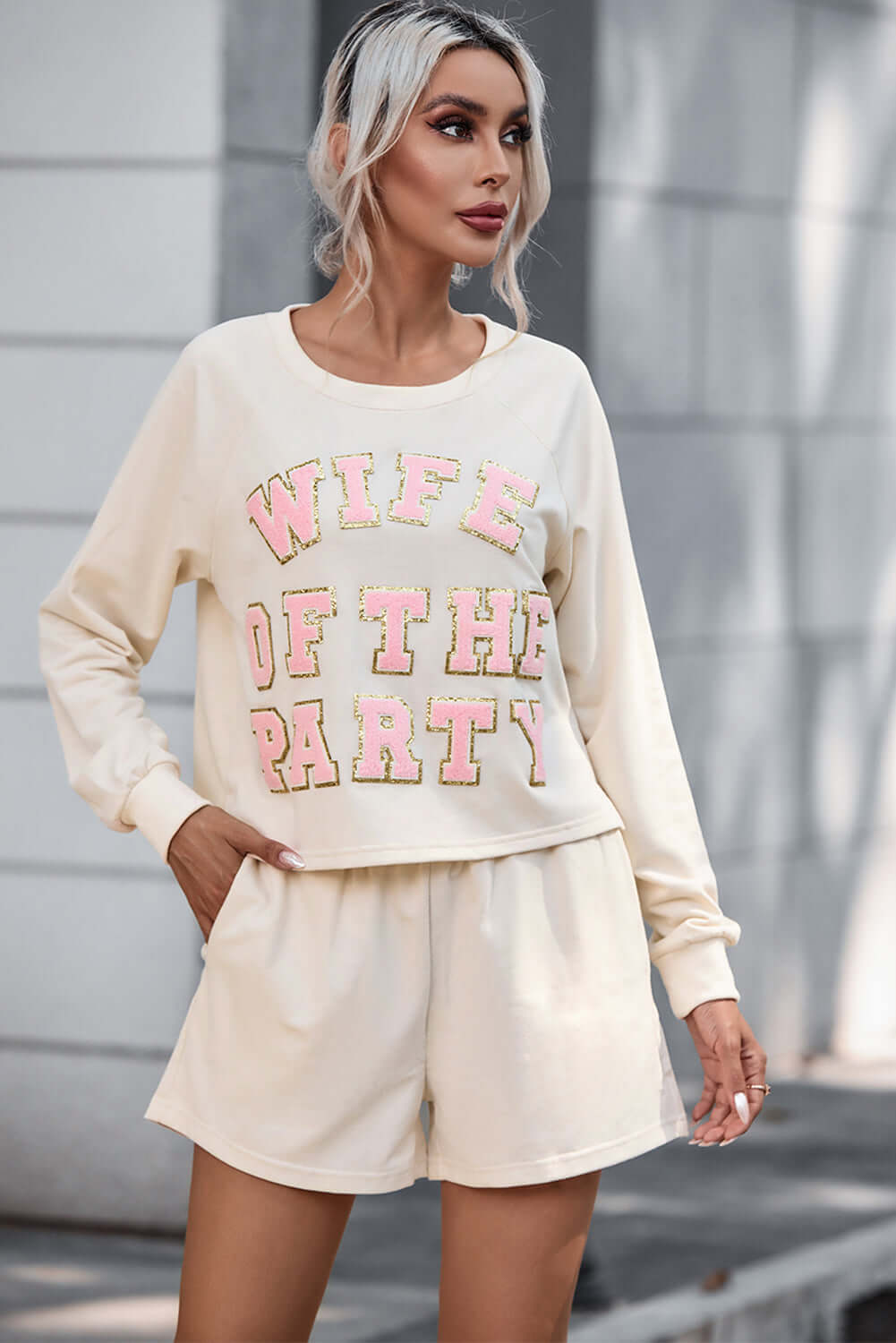 WIFE OF THE PARTY Round Neck Top and Shorts Set Sleepwear Luxurious Weddings