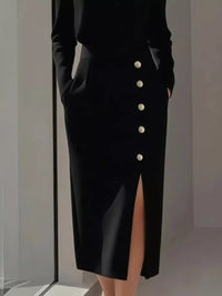 Long Sleeve Button Detail Midi Dress with Side Slit featuring button detail and side slit in black.