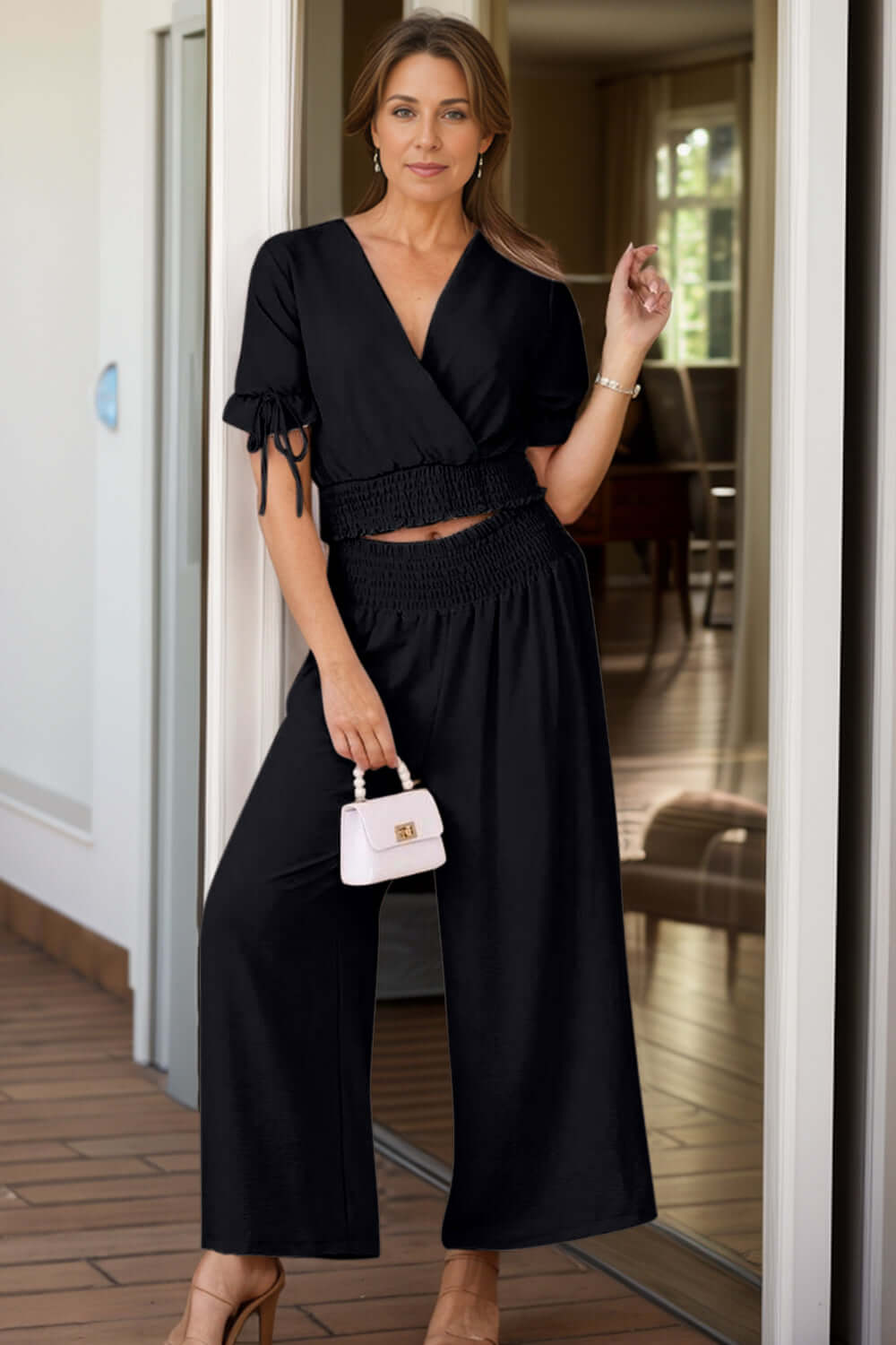 Surplice Short Sleeve Top and Pants Set Matching Sets Luxurious Weddings