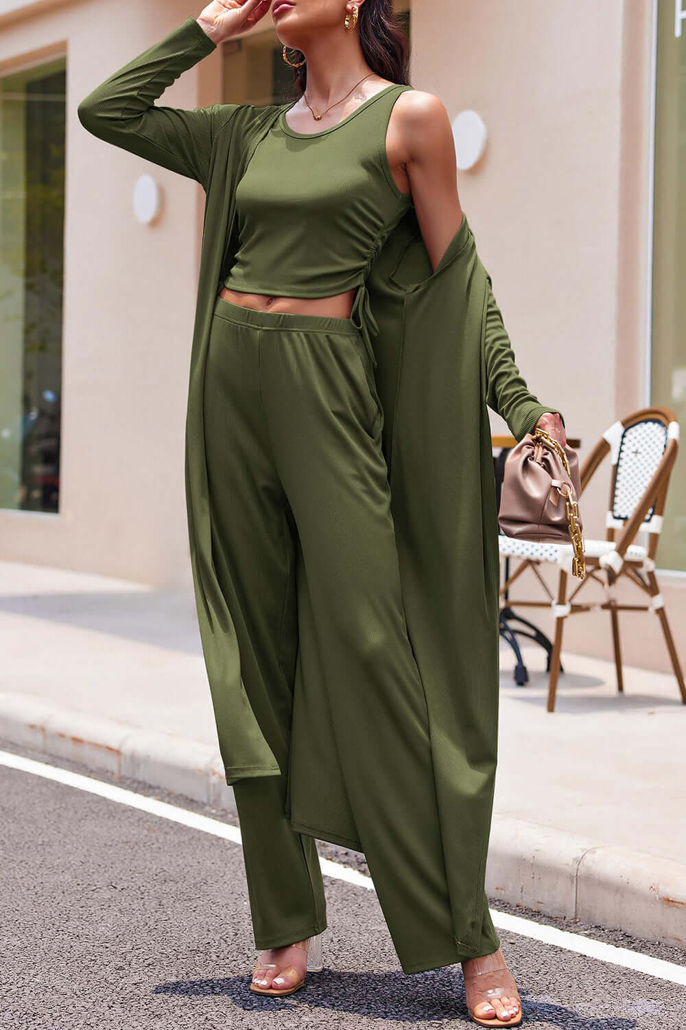 Drawstring Tank, Long Sleeve Cover Up and Pants Set Matching Sets Luxurious Weddings