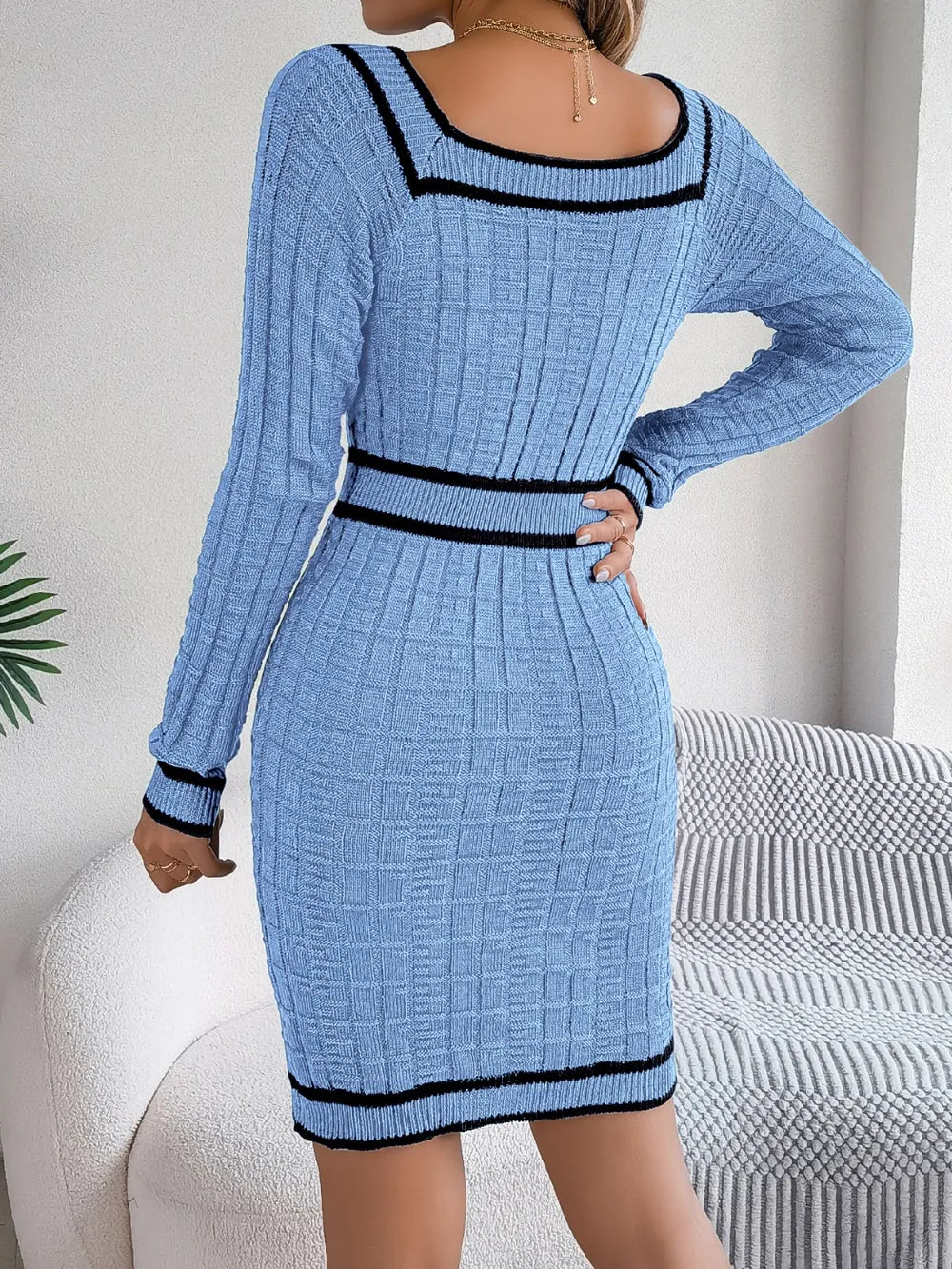 Contrast Trim Long Sleeve Sweater Dress Cardigan Luxurious Weddings