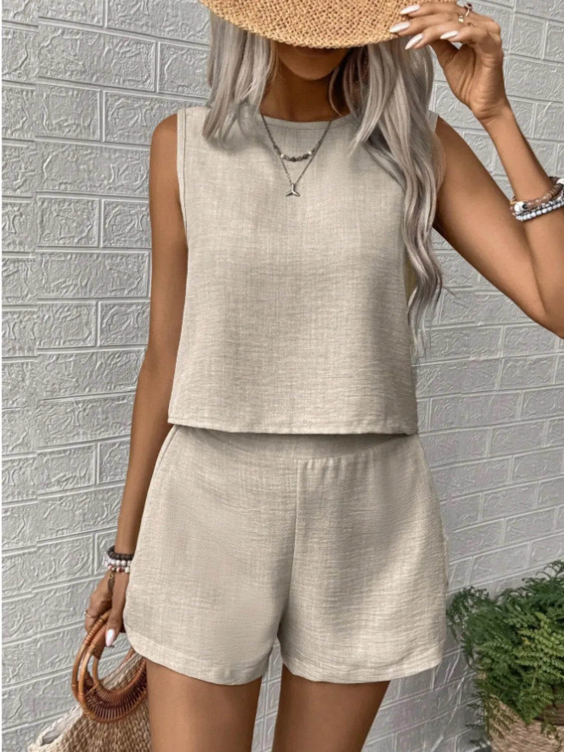 Round Neck Sleeveless Top and Shorts Set Matching Sets Luxurious Weddings