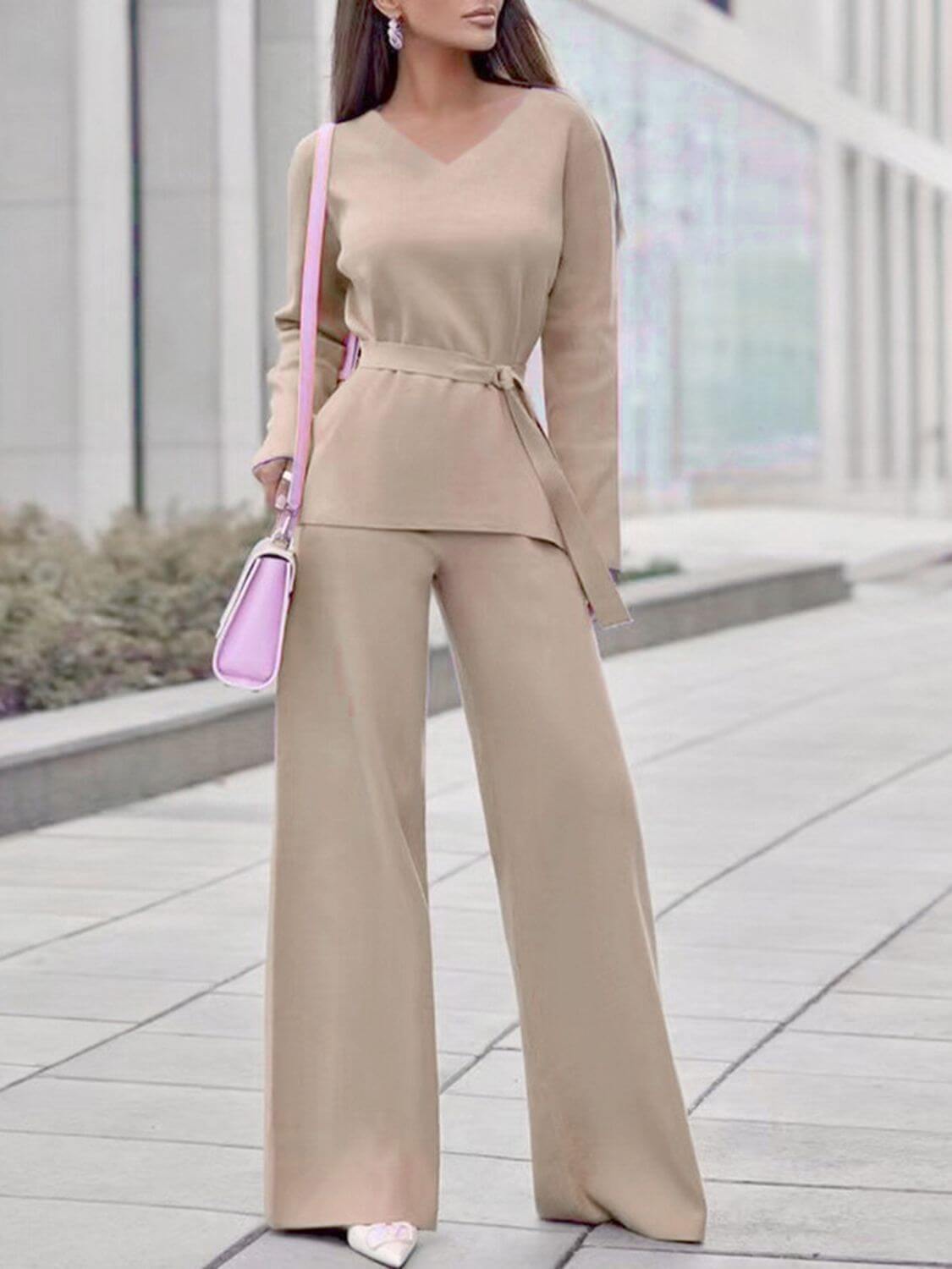 V-Neck Long Sleeve Top and Drawstring Pants Sweater Set Matching Sets Luxurious Weddings