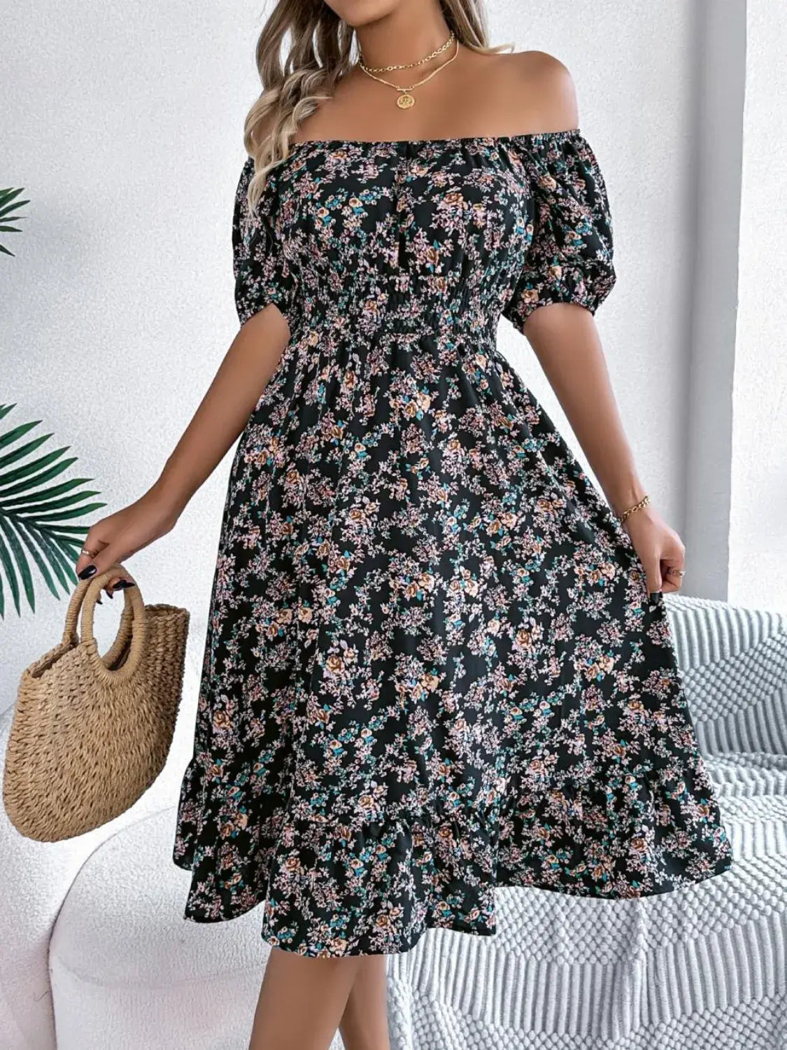 Ruffled Hem Floral Puff Sleeve Dress Dress Luxurious Weddings