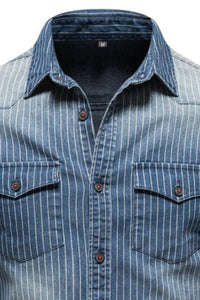 Men's Striped Collared Neck Button Down Denim Shirt Men's Shirts Luxurious Weddings