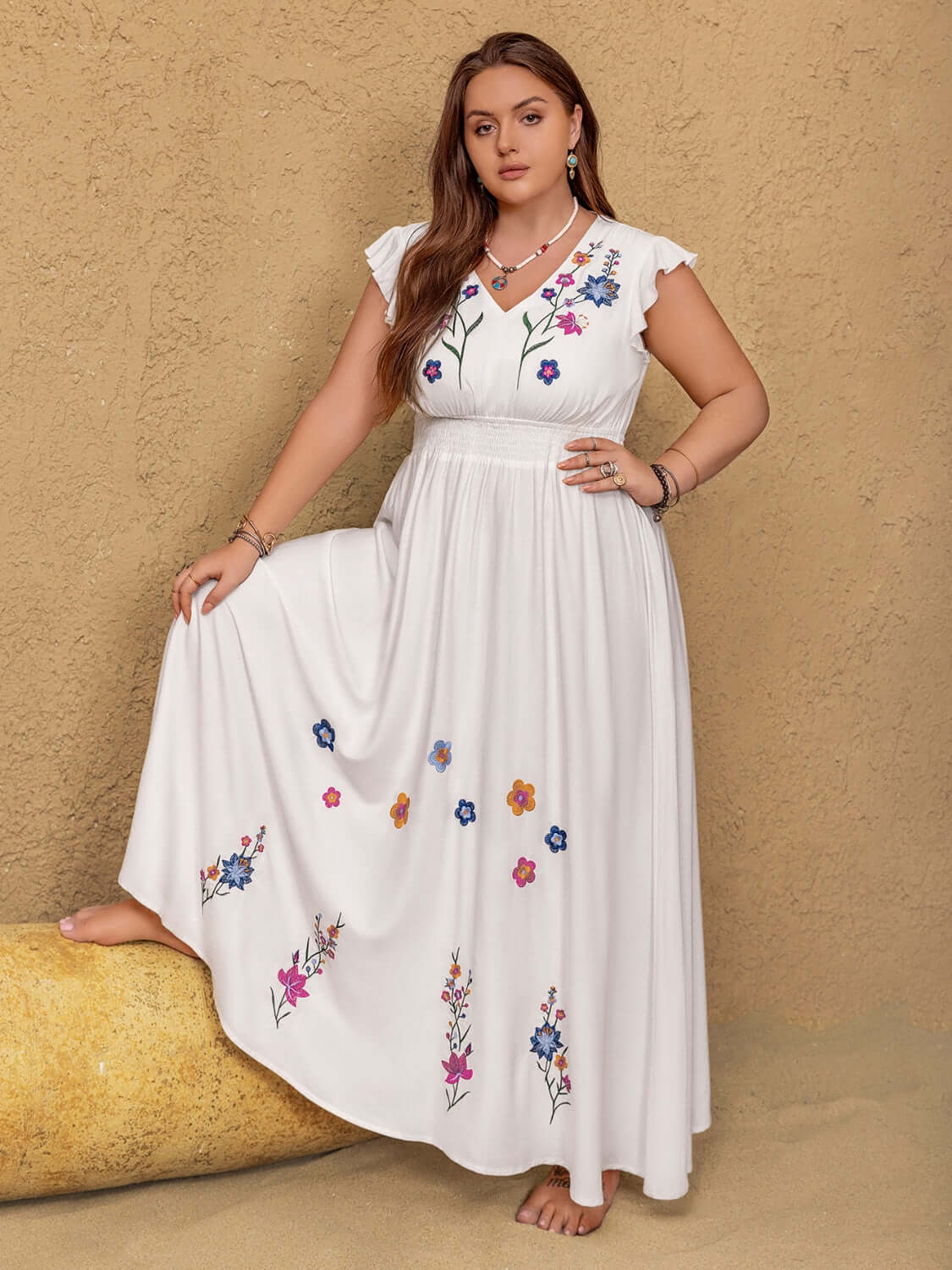 Plus Size Embroidered Floral V-Neck Cap Sleeve Maxi Dress Dresses Luxurious Weddings