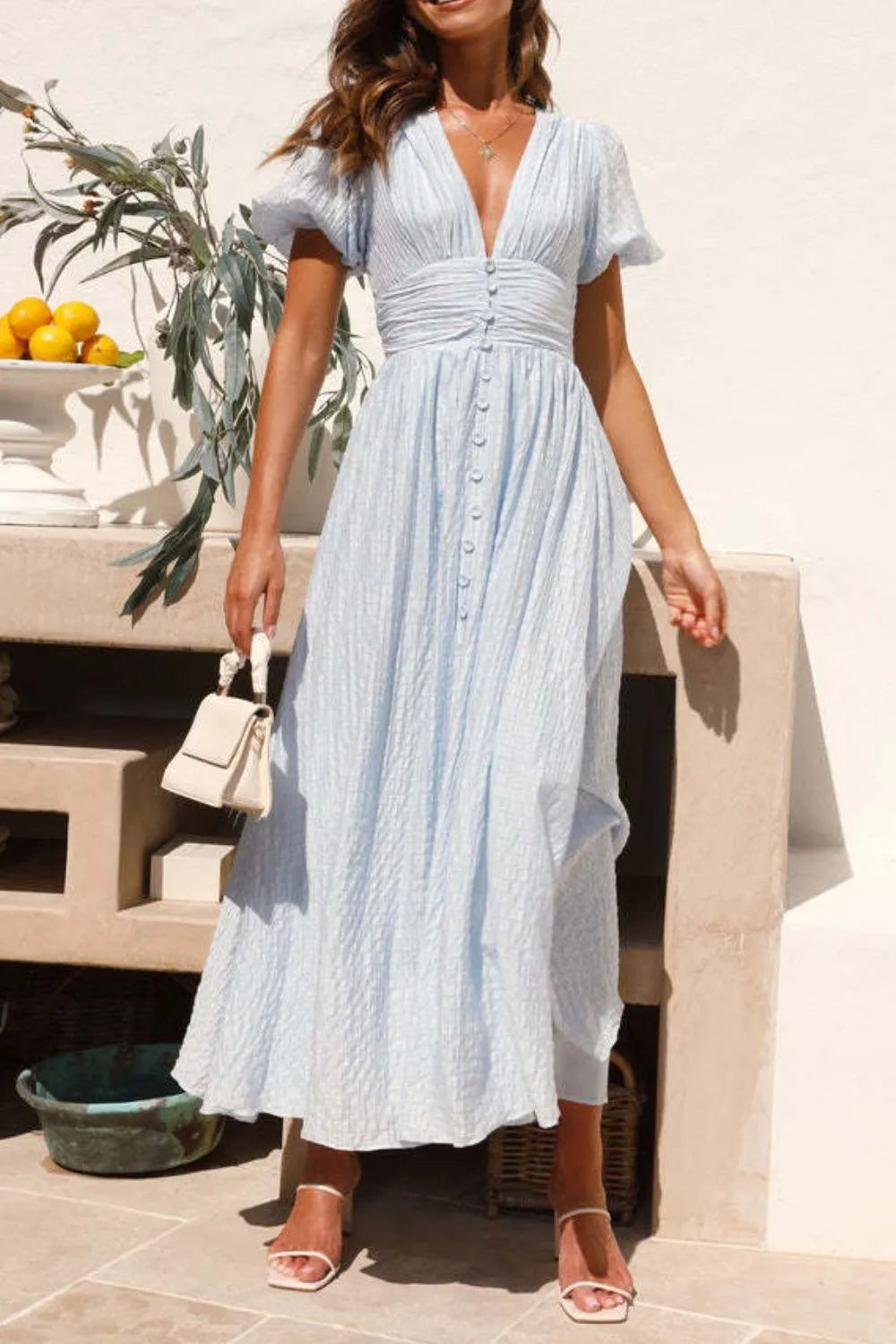 V-Neck Puff Short Sleeve Midi Dress Summer dress Luxurious Weddings