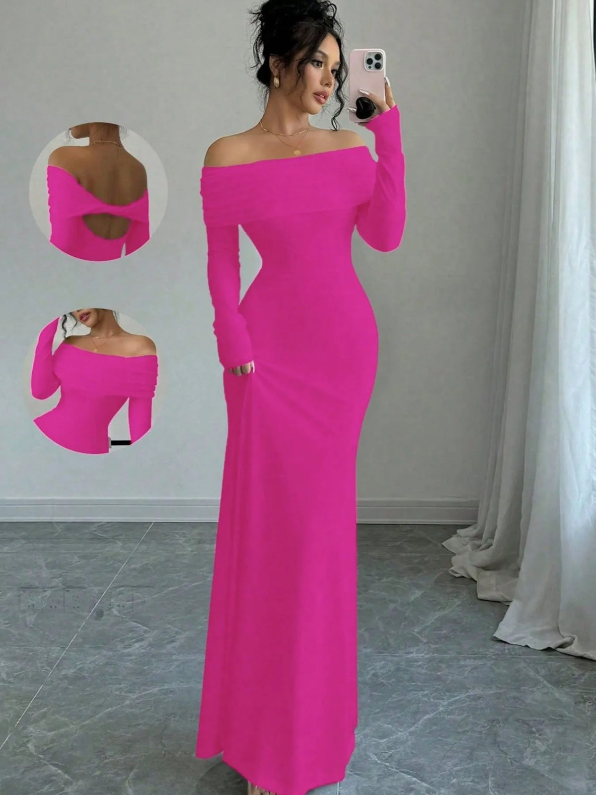 Off-shoulder long sleeve bodycon maxi dress in vibrant pink, showcasing backless design, ideal for luxurious weddings.
