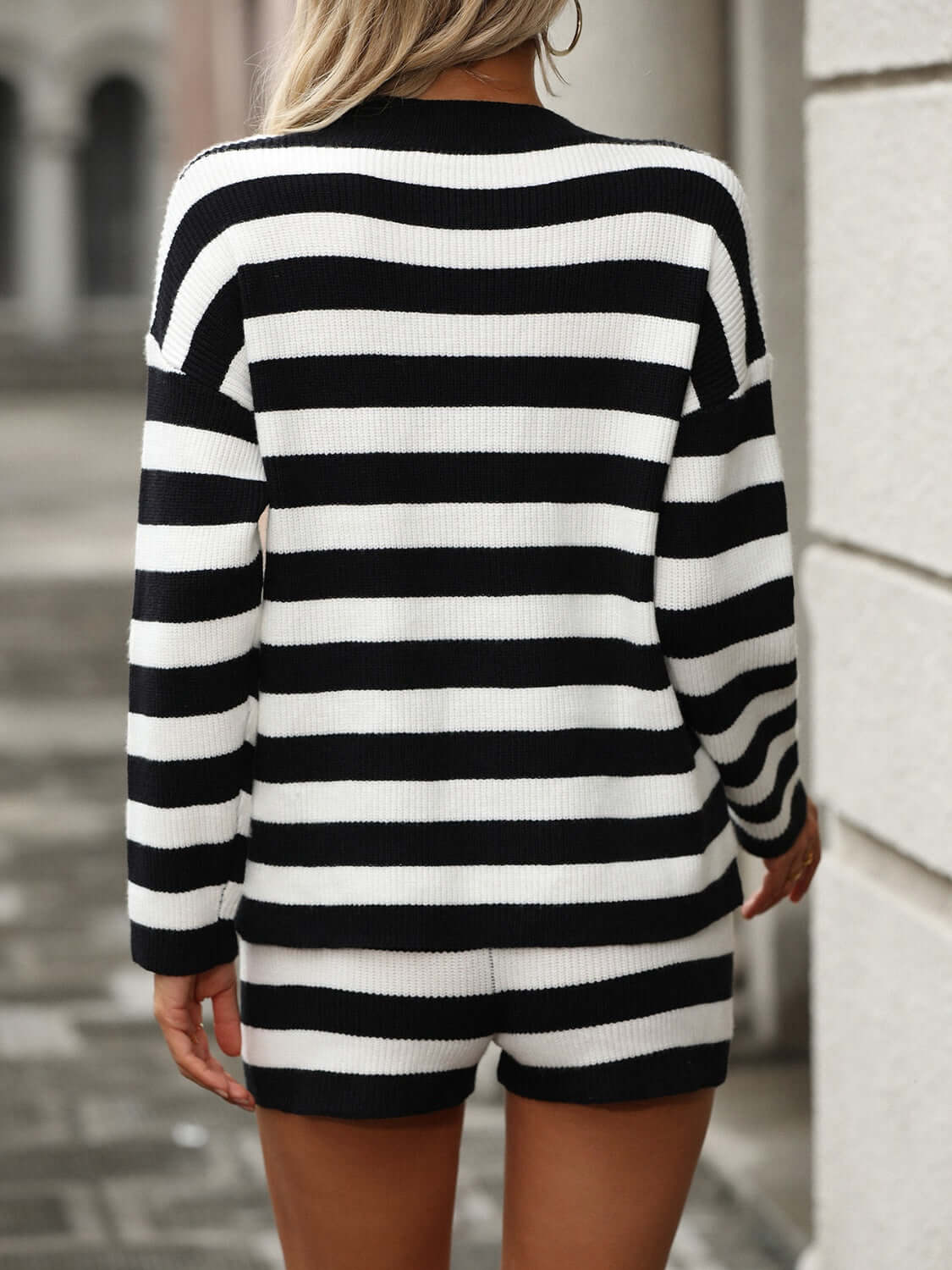 Striped Round Neck Top and Shorts Sweater Set Matching Sets Luxurious Weddings