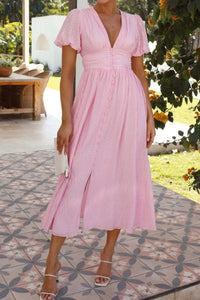 V-Neck Puff Short Sleeve Midi Dress Summer dress Luxurious Weddings