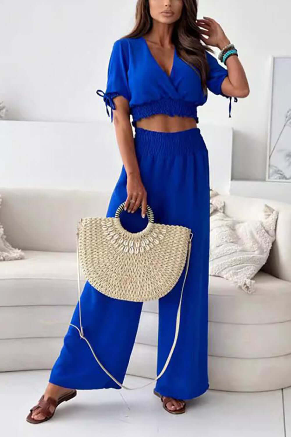 Surplice Short Sleeve Top and Pants Set Matching Sets Luxurious Weddings