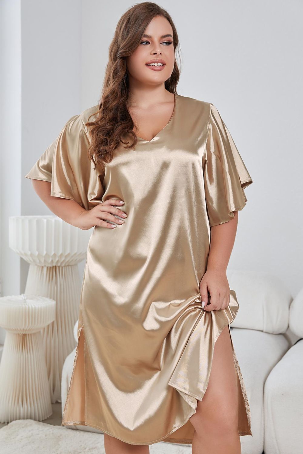 Plus Size Flutter Sleeve V-Neck Side Slit Night Gown Plus size sleep wear Luxurious Weddings