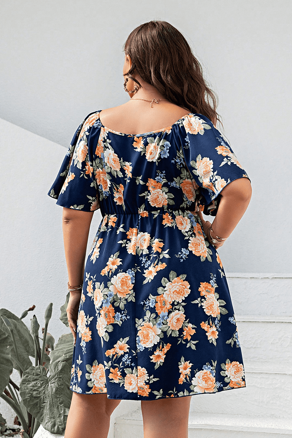 Plus Size Floral Print V-Neck Flutter Sleeve Mini Dress Plus size dress Luxurious Weddings