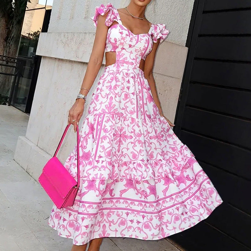 Summer Padded Shoulder Women's Printed Wear Hollow Length Dress Summer Dress Luxurious Weddings