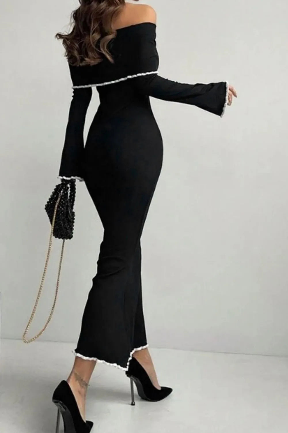 Contrast Trim Off-Shoulder Long Sleeve Maxi Sweater Dress Sweater Dress Luxurious Weddings