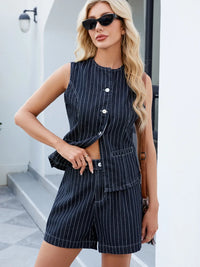 Round Neck Striped Top and Shorts Denim Set Top & Shorts Luxurious Weddings