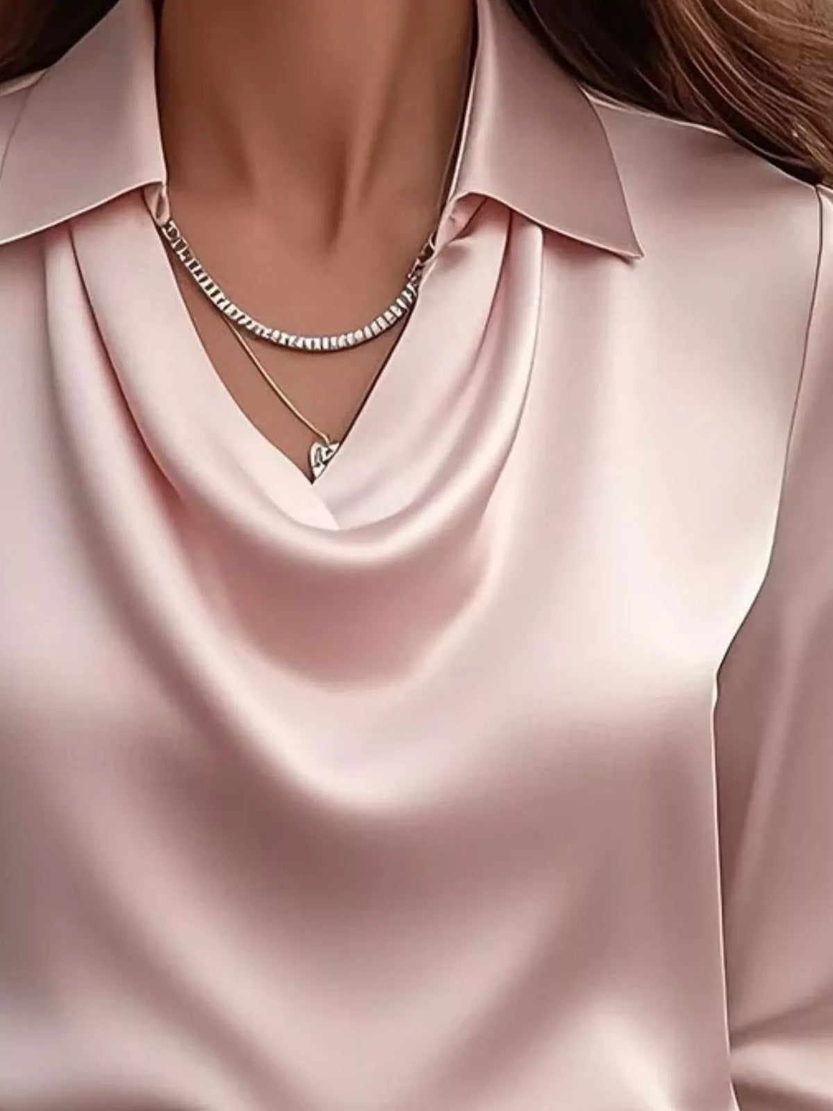 Ruched Long Sleeve Drape Collar Blouse featuring a silky draped collar in soft pink with delicate necklace.