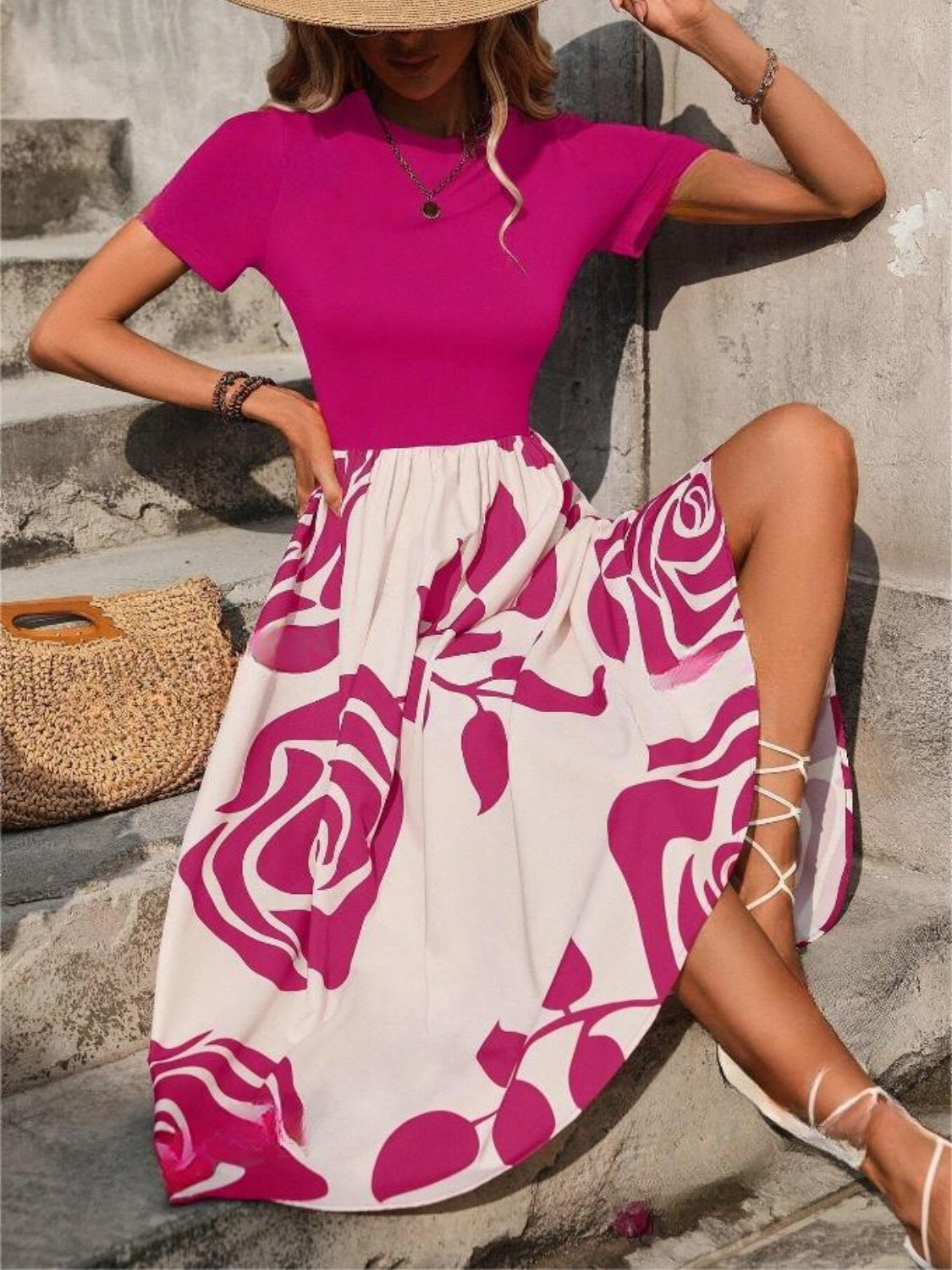 Rose Printed Round Neck Short Sleeve Dress Casual Dress Luxurious Weddings