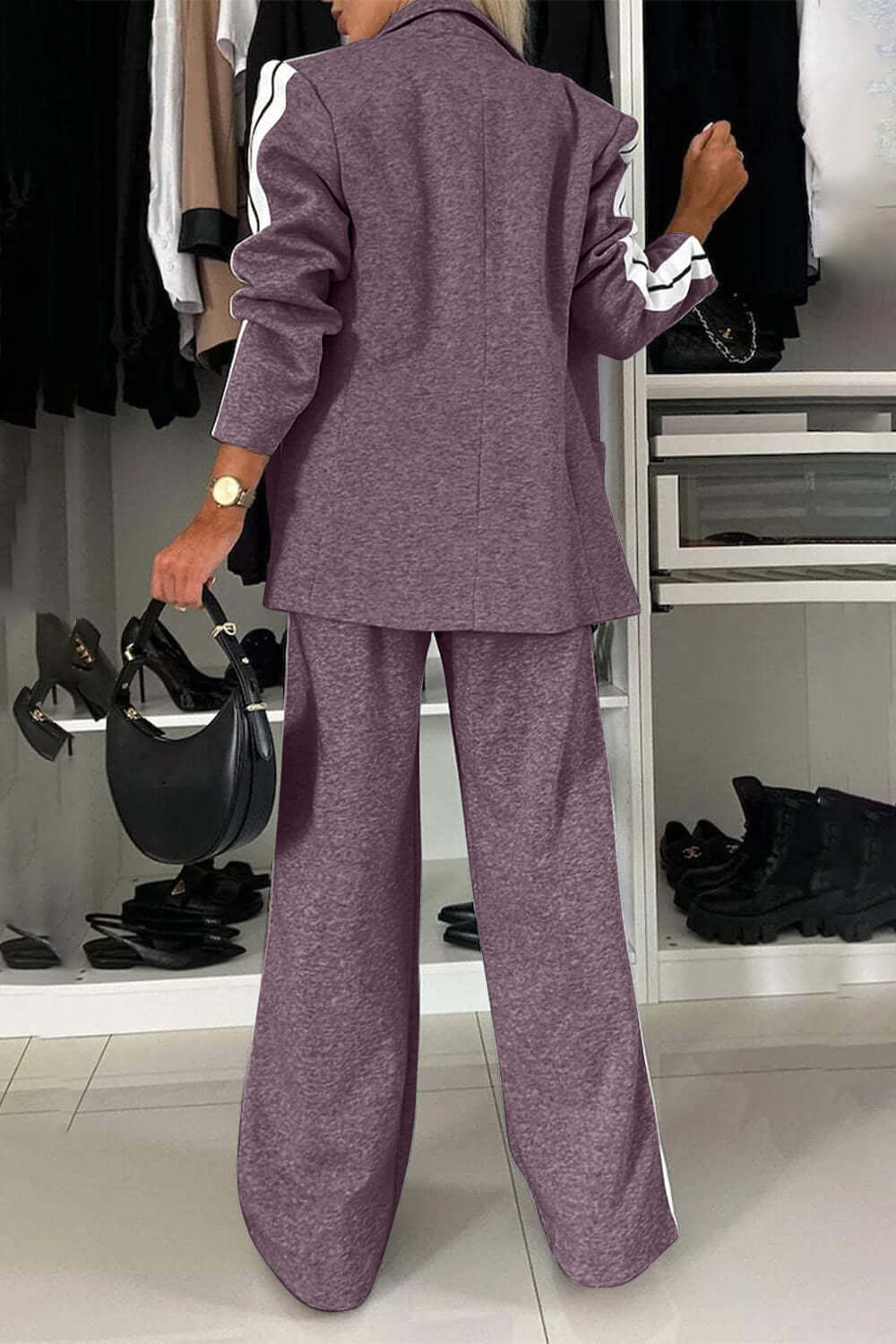 Full Size Contrast Lapel Collar Top and Pants Set Matching Sets Luxurious Weddings