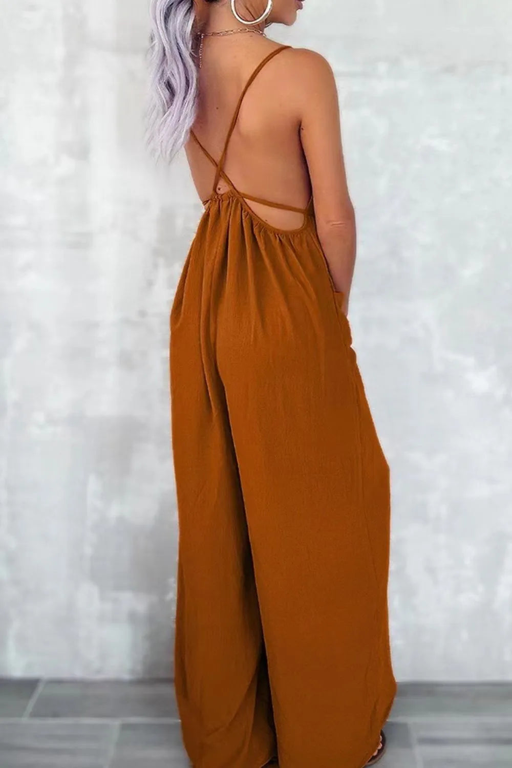 Casual Spaghetti Strap Wide Leg Jumpsuit with Pockets Jumpsuits Luxurious Weddings