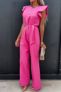 Stylish pink round neck cap sleeve jumpsuit with belt, perfect for casual or formal occasions.