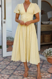 V-Neck Puff Short Sleeve Midi Dress Summer dress Luxurious Weddings