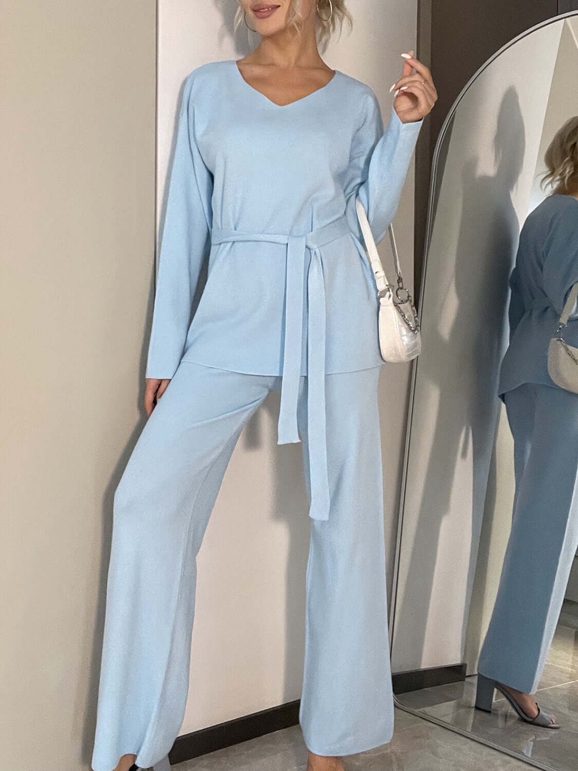 V-Neck Long Sleeve Top and Drawstring Pants Sweater Set Matching Sets Luxurious Weddings
