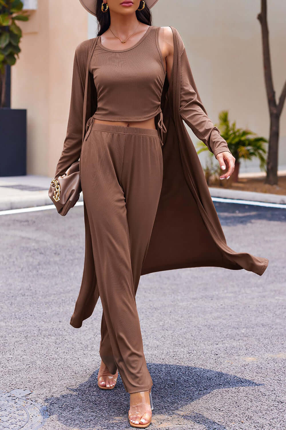 Drawstring Tank, Long Sleeve Cover Up and Pants Set Matching Sets Luxurious Weddings