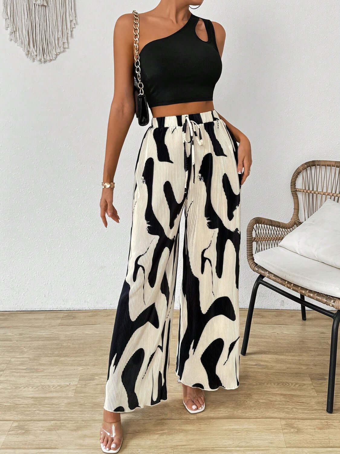 Cutout One Shoulder Top and Printed Pants Set Matching Sets Luxurious Weddings