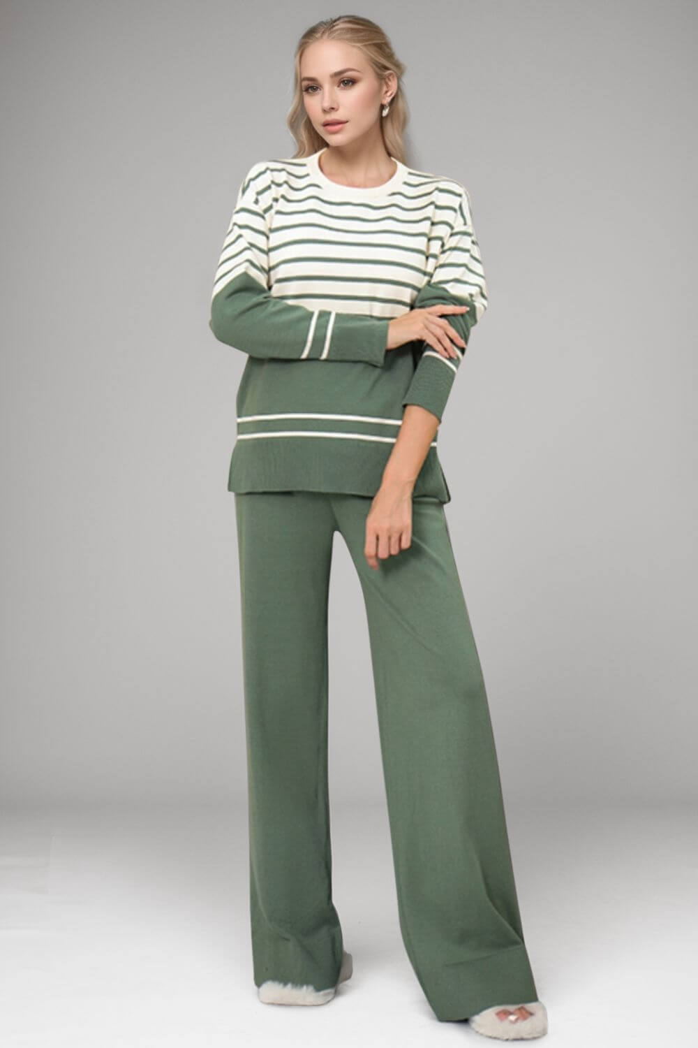 Basic Bae Striped Round Neck Long Sleeve Top and Pants Sweater Set Matching Sets Luxurious Weddings