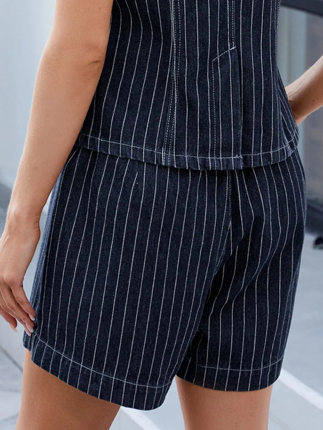 Round Neck Striped Top and Shorts Denim Set Top & Shorts Luxurious Weddings