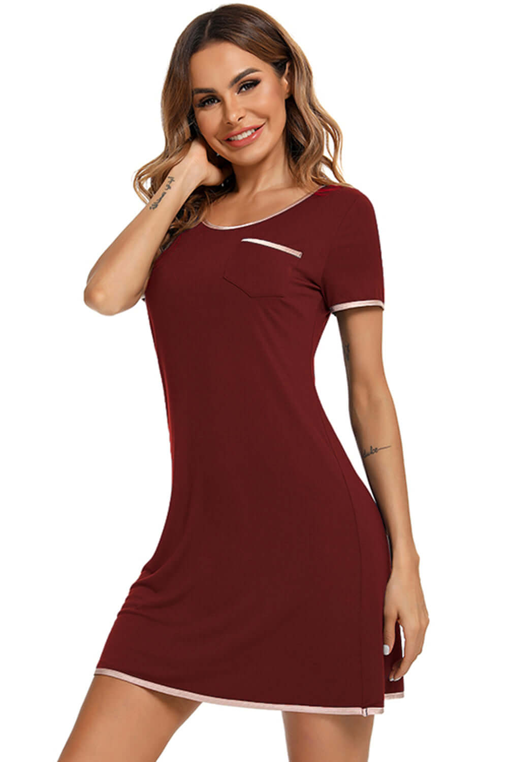 Contrast Trim Pocketed Round Neck Lounge Dress sleepwear Luxurious Weddings