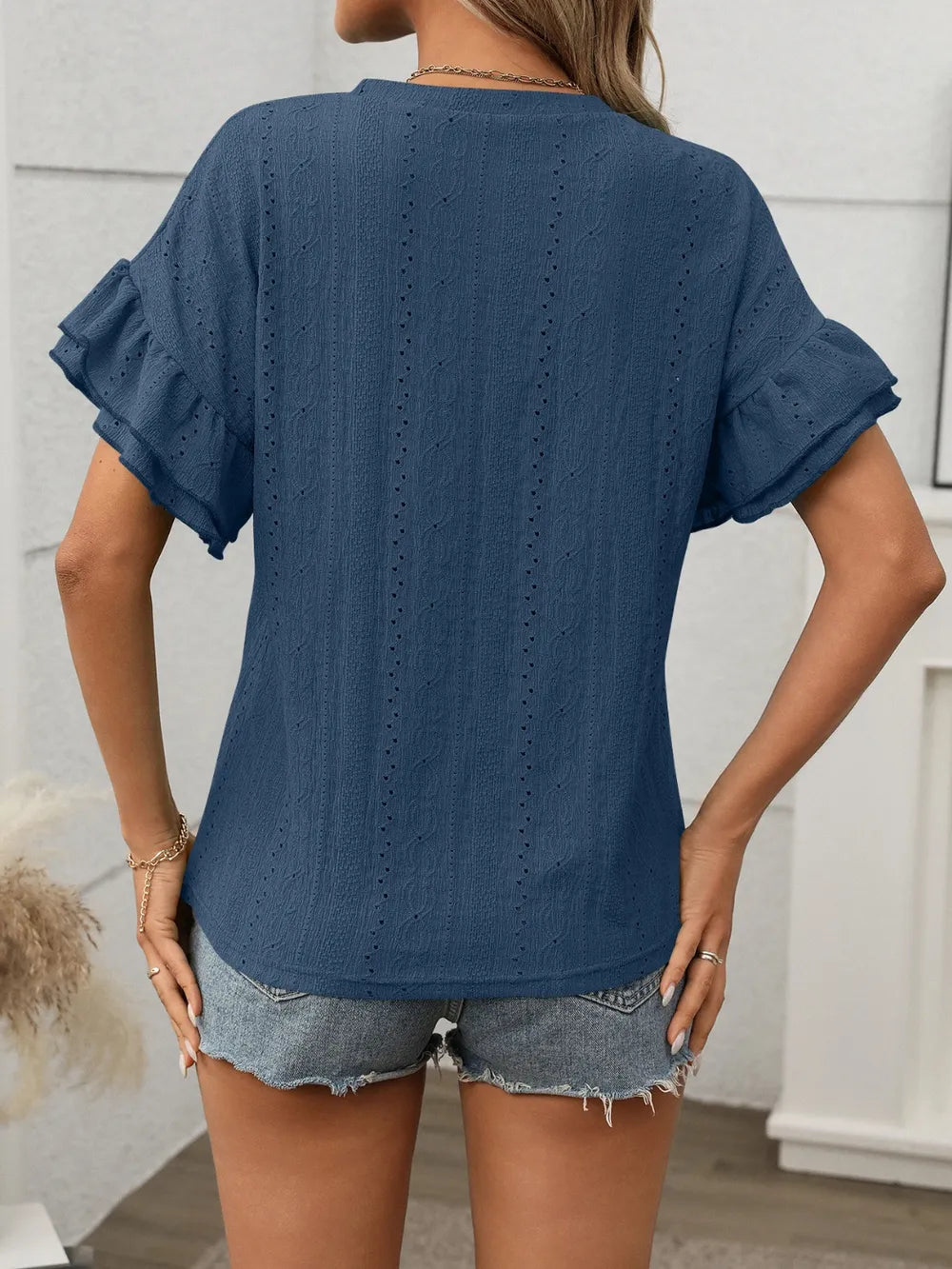 Eyelet Round Neck Flounce Sleeve Top Blouses Luxurious Weddings