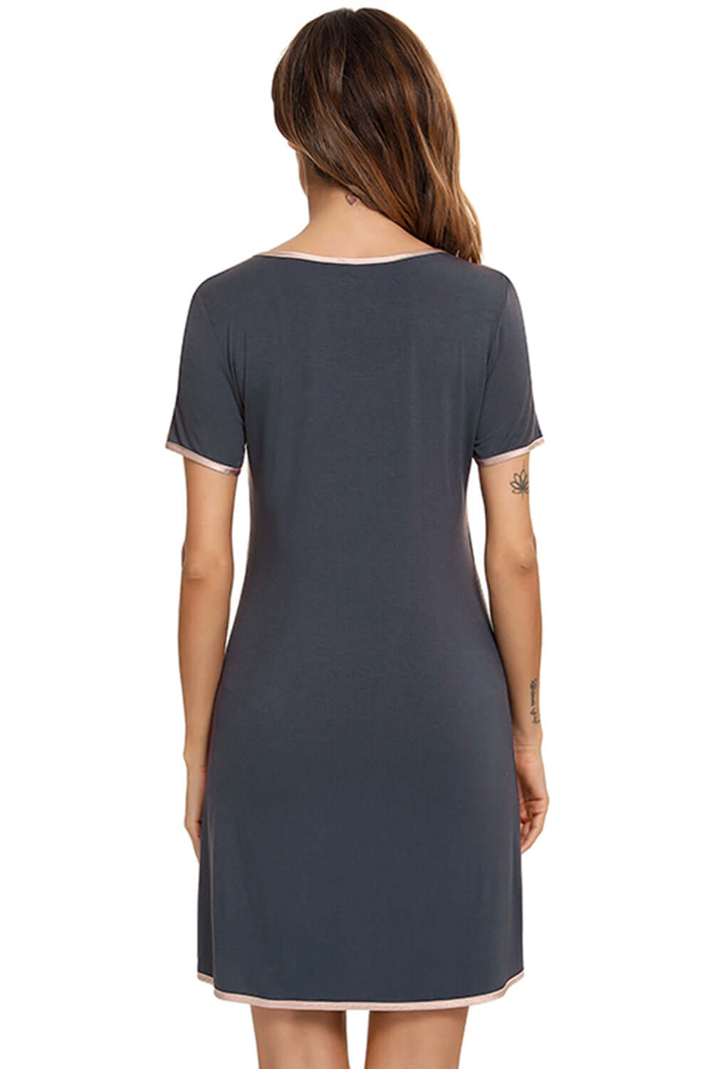 Contrast Trim Pocketed Round Neck Lounge Dress sleepwear Luxurious Weddings