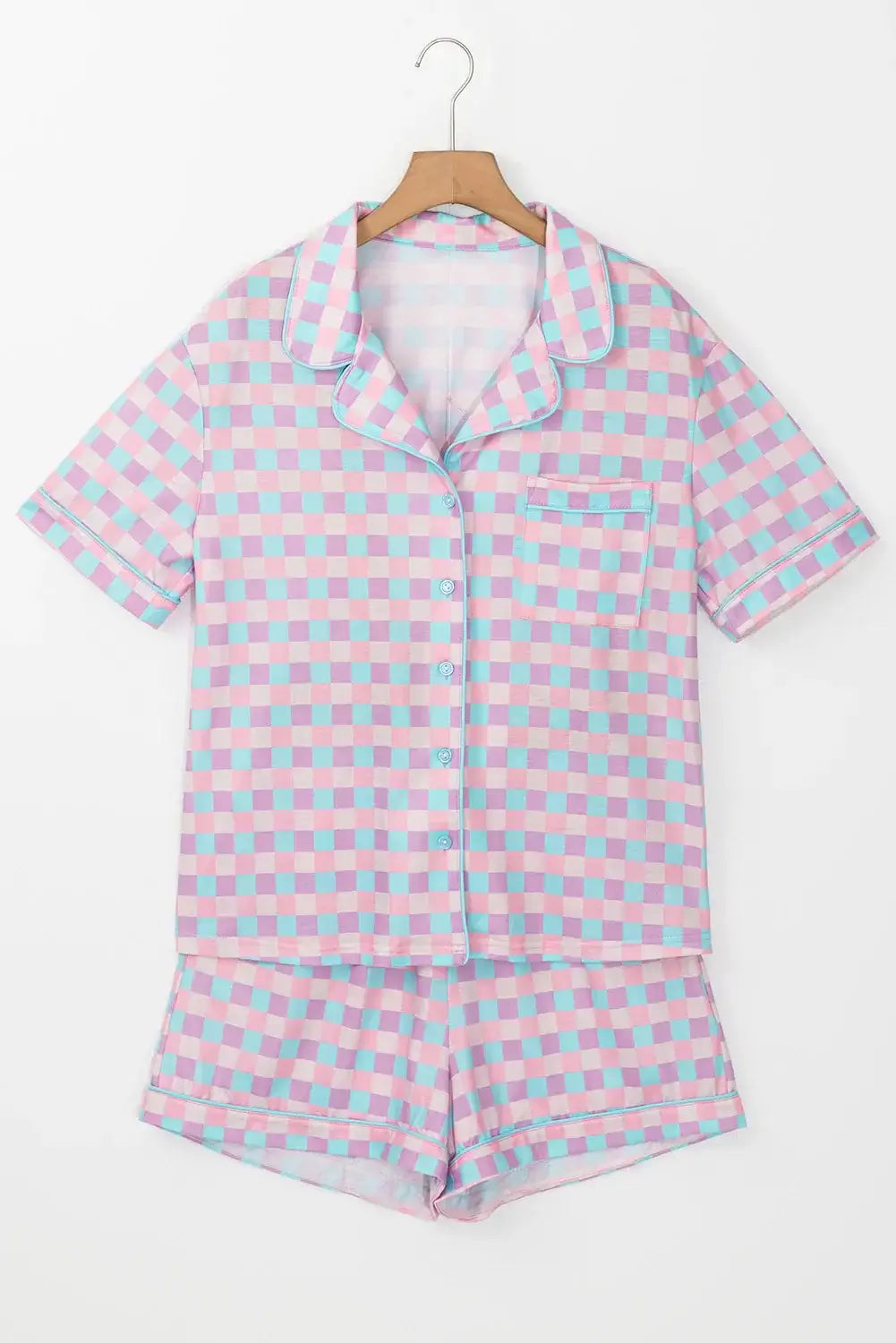 Plaid Collared Neck Short Sleeve Top and Shorts Lounge Set sleepwear Luxurious Weddings