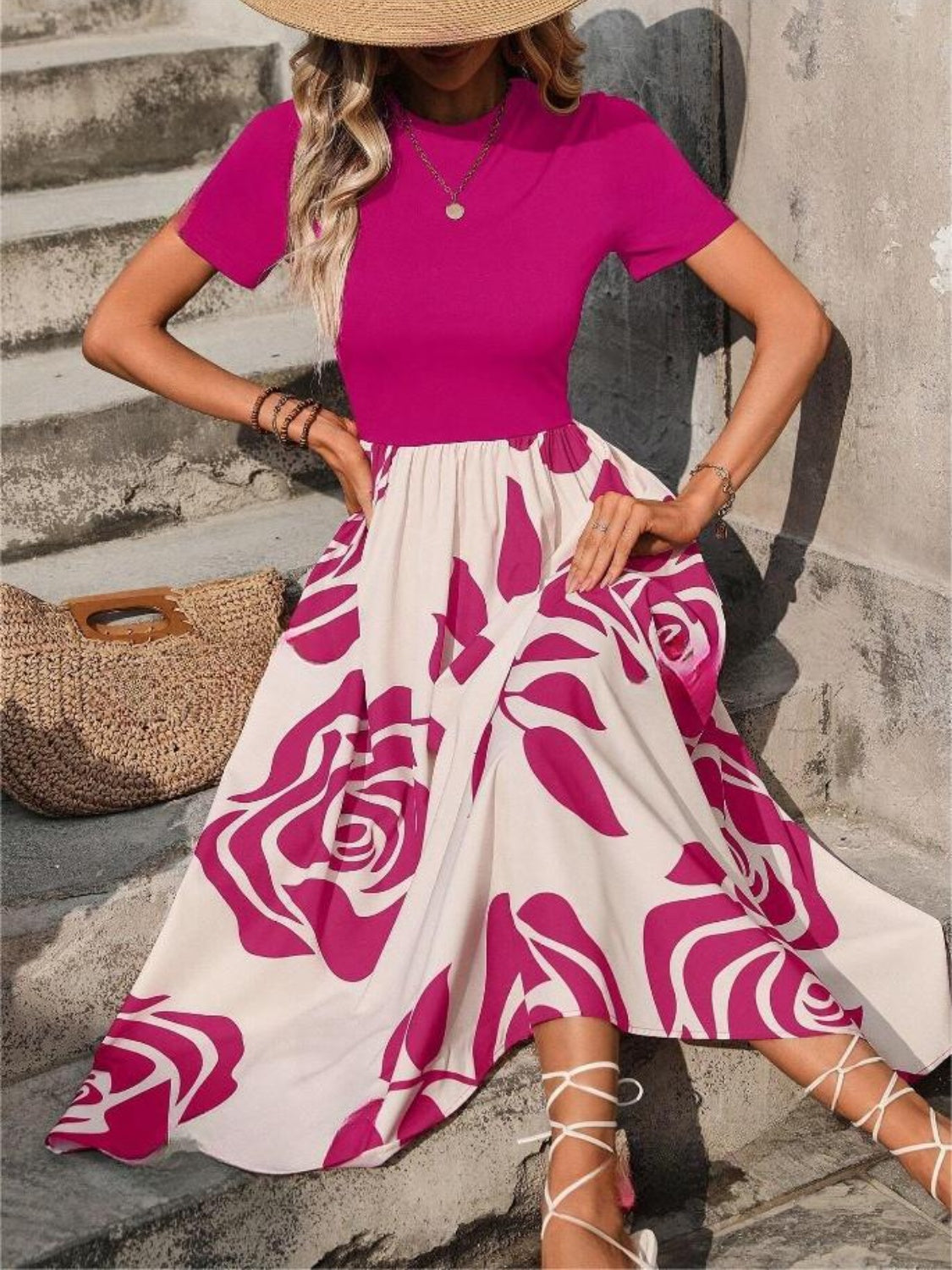 Rose Printed Round Neck Short Sleeve Dress Casual Dress Luxurious Weddings