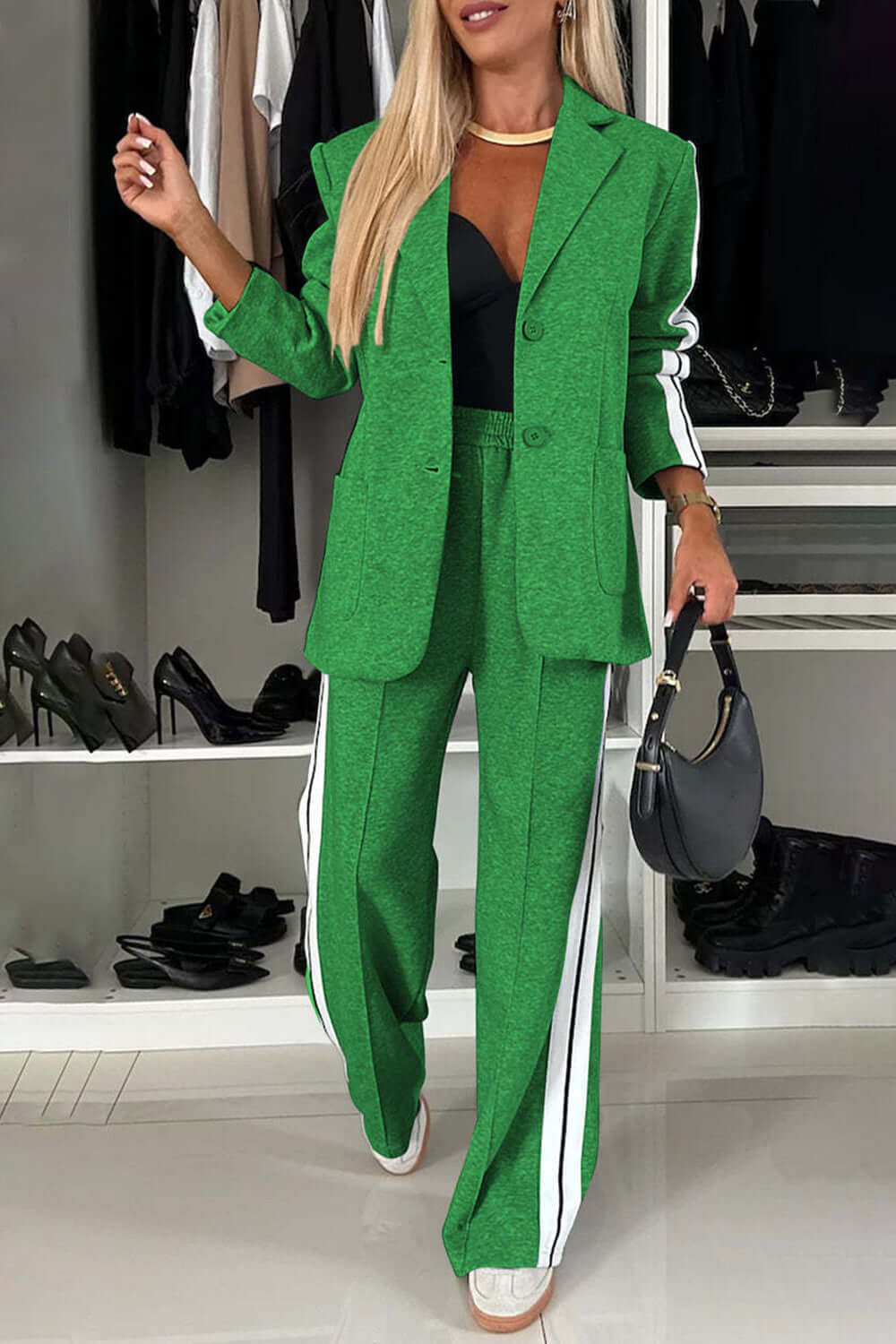 Full Size Contrast Lapel Collar Top and Pants Set Matching Sets Luxurious Weddings