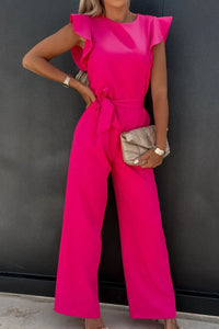 Pink round neck cap sleeve jumpsuit with tied waist, ideal for stylish summer outfits.