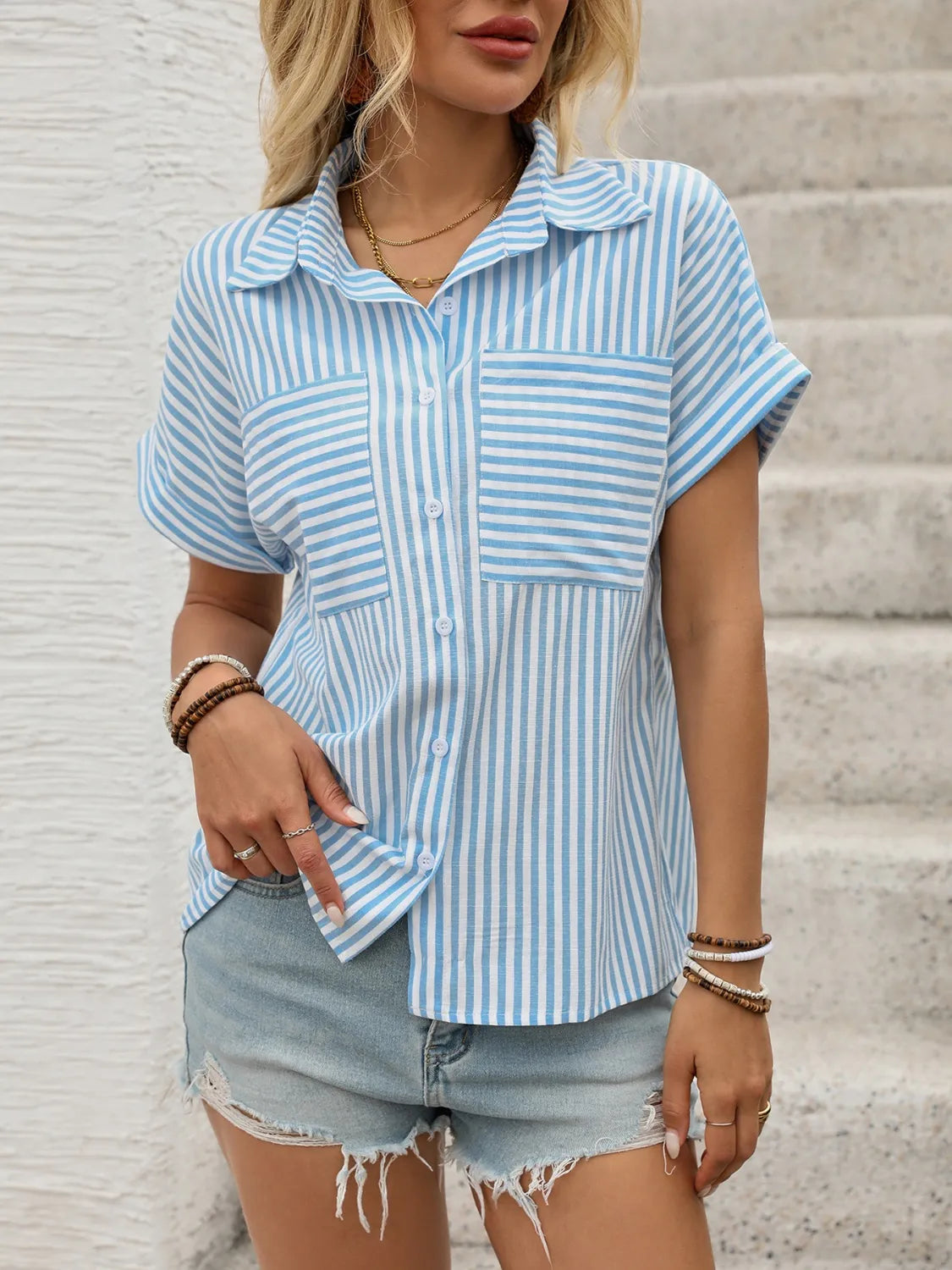 Striped Collared Neck Short Sleeve Shirt Blouse Luxurious Weddings